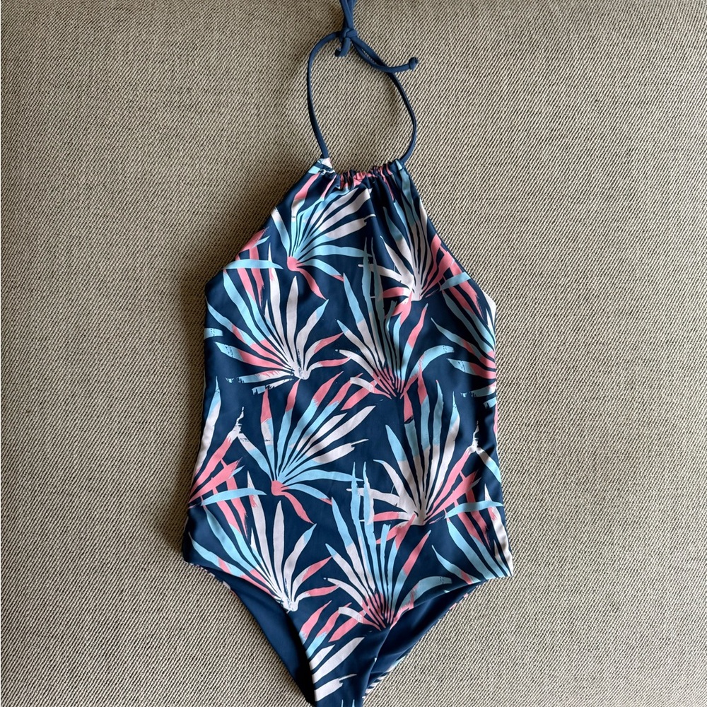 Kids Tropical Print Halter Swimsuit - Blue and Pink